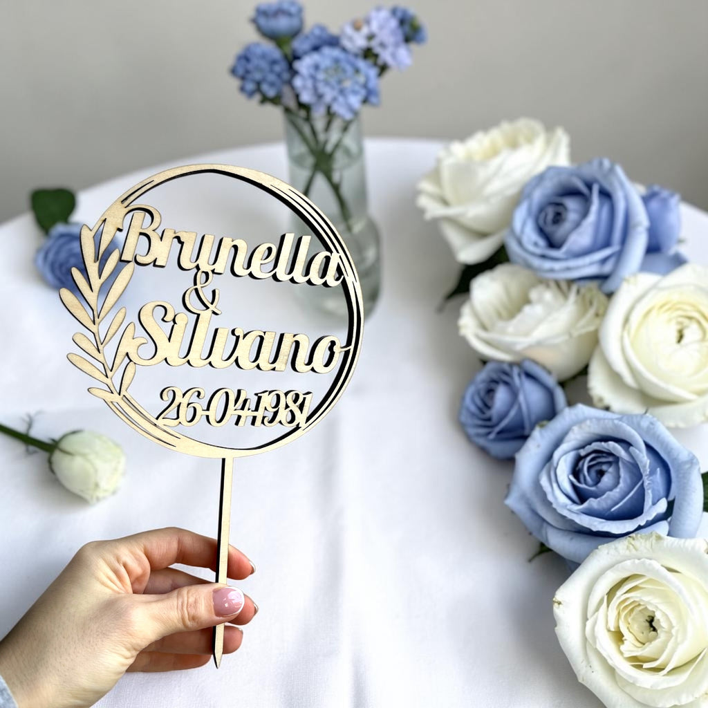 Cake Topper Personalizzato in Legno con Nomi, Topper Nozze Promessa, Compleanni, Evento Speciale