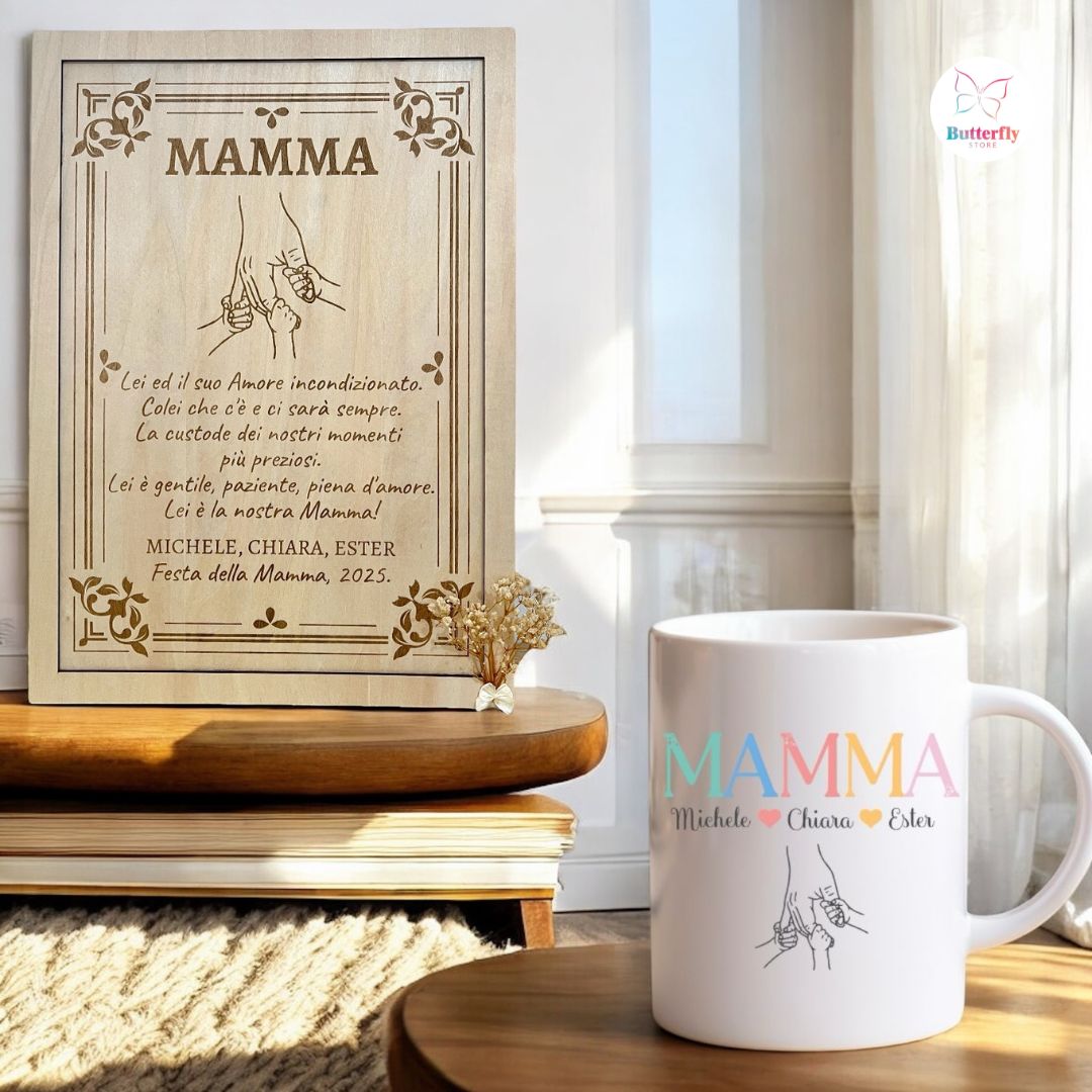 Set Regalo Personalizzato Festa della Mamma – Quadro in Legno Personalizzato A4 + Tazza con Nomi dei Figli