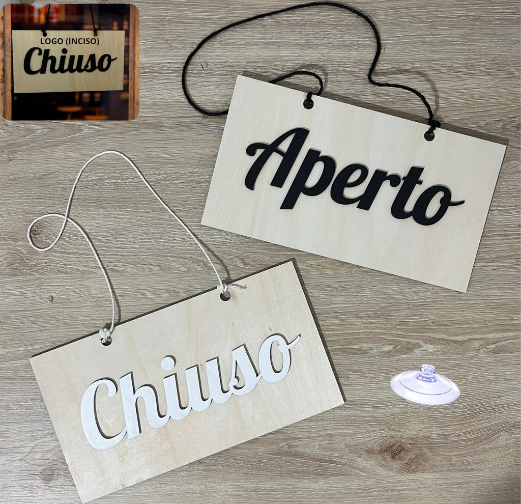 Cartello Aziendale Aperto Chiuso In Legno, Personalizzato con Logo Inciso