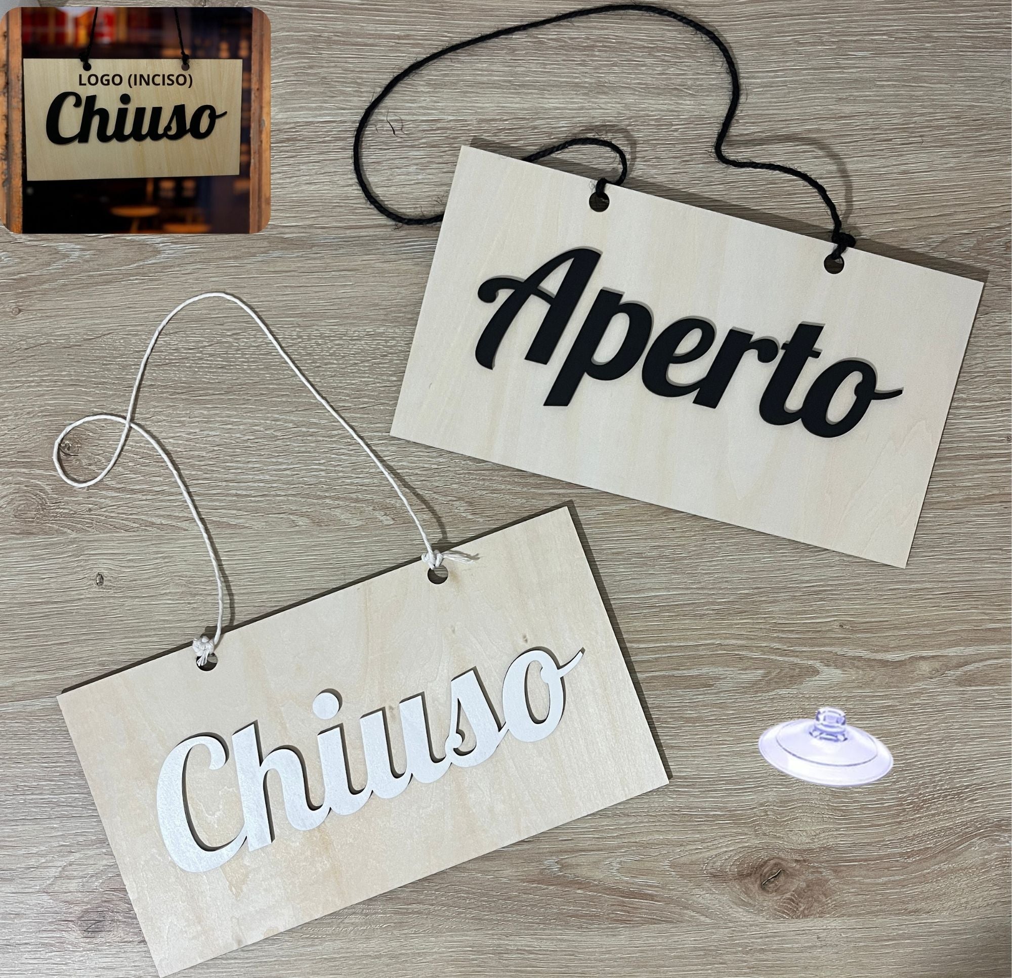 Cartello Aziendale Aperto Chiuso In Legno, Personalizzato con Logo Inciso