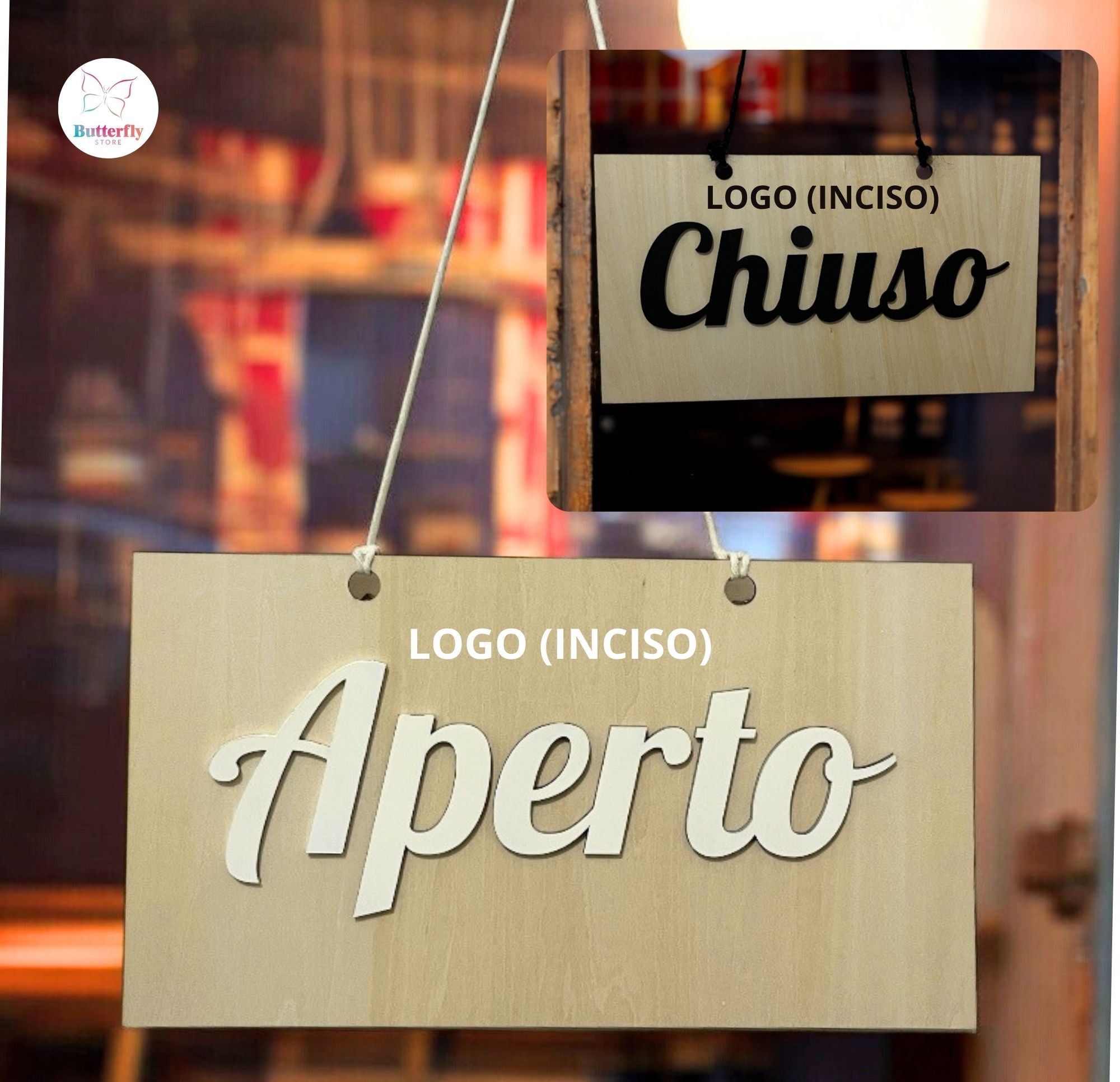 Cartello Aziendale Aperto Chiuso In Legno, Personalizzato con Logo Inciso