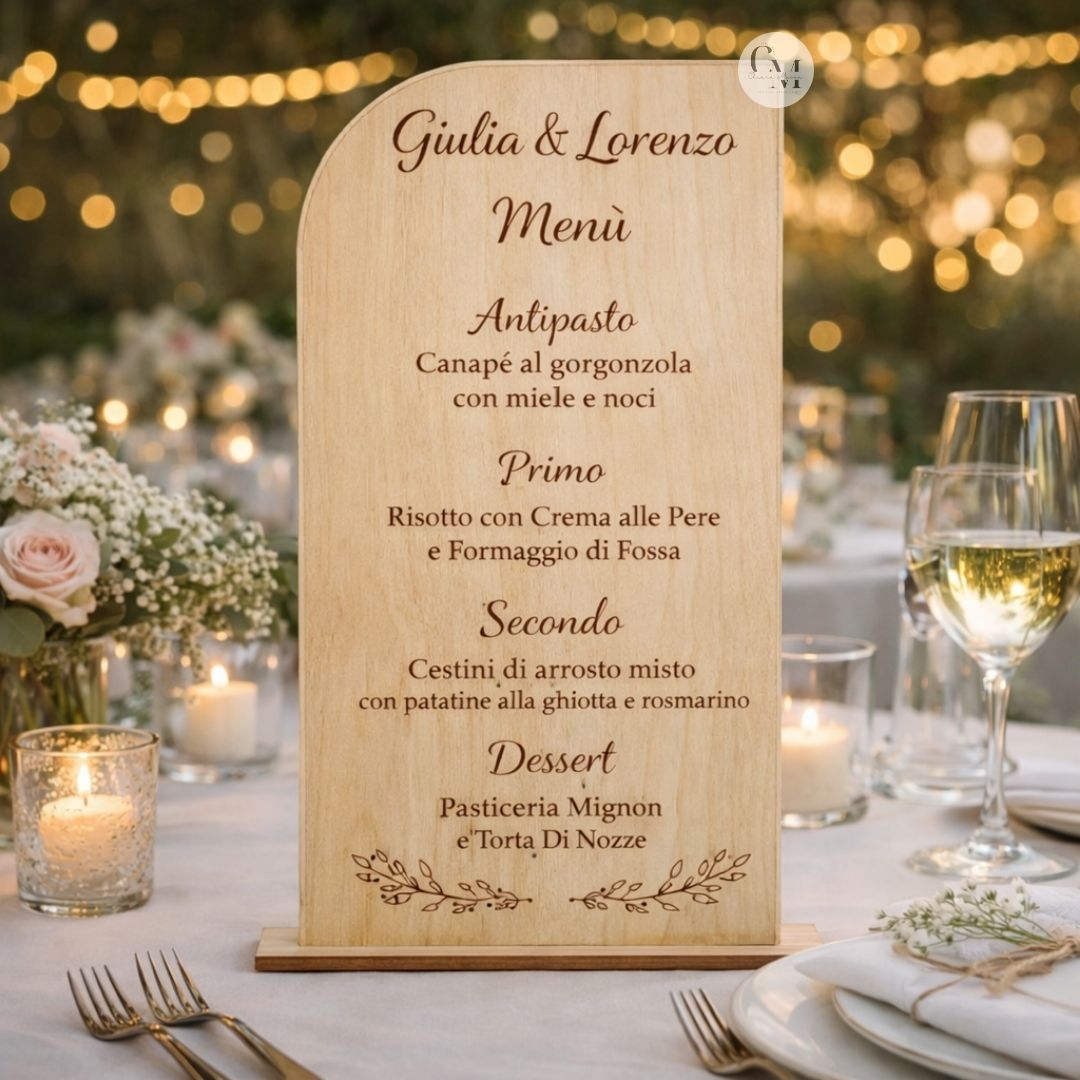 Menù Matrimonio in Legno Inciso con Base – Menù Elegante Personalizzato per Tavola