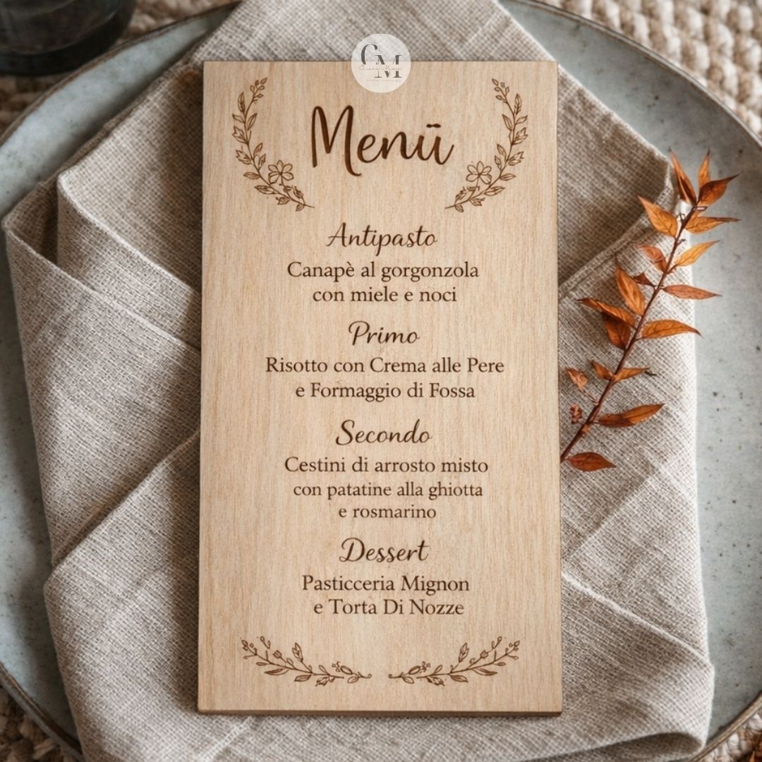 Menù Segnaposto Matrimonio in Legno – Menù Inciso Personalizzato per Invitati