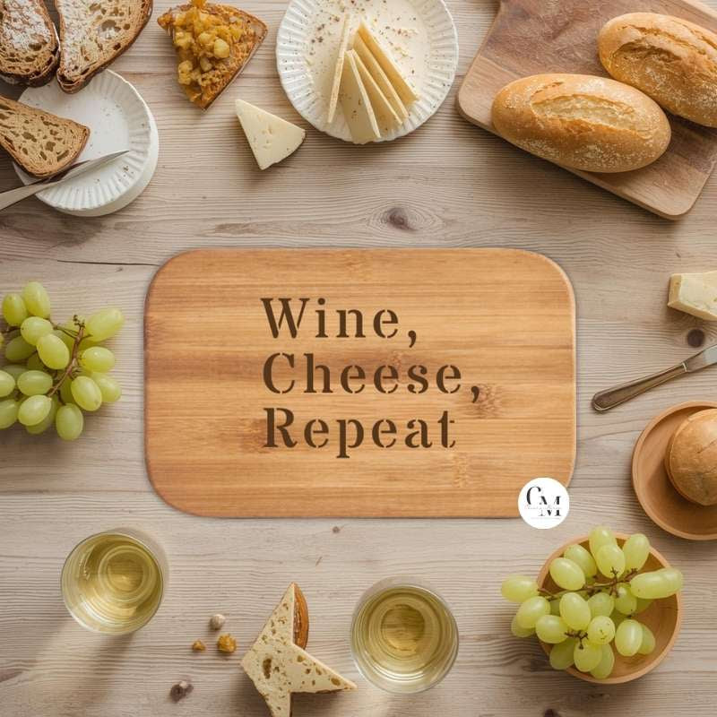 Tagliere in Bambù Wine Cheese Repeat, Frase Incisa Divertente, Charcuterie Board