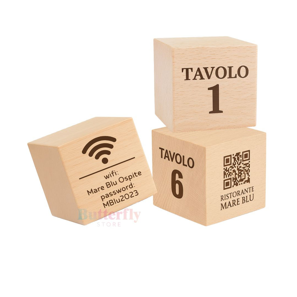 Cubo Segnatavolo in Legno Personalizzato con Logo Aziendale, QR Code, Wifi, Social Media, Numeri Tavoli