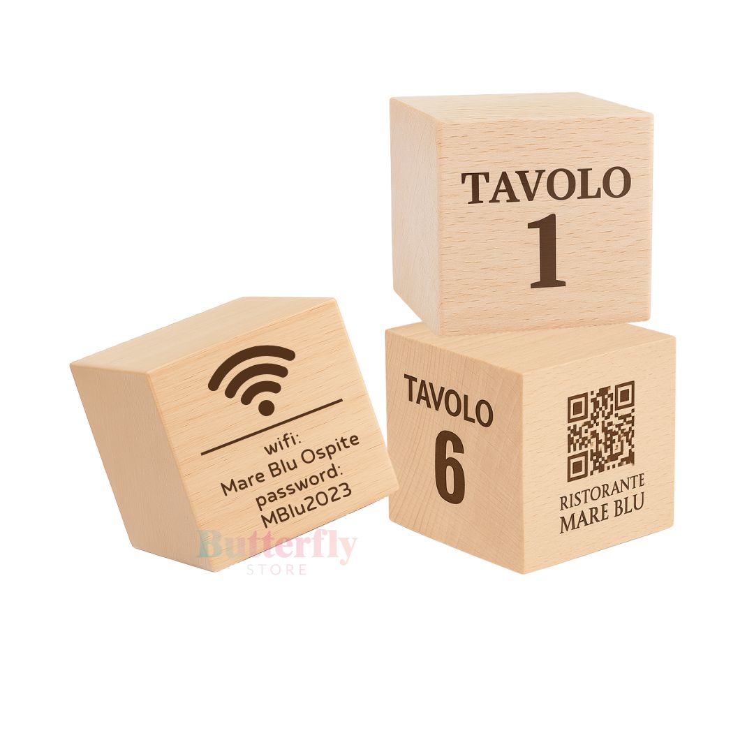 Cubo Segnatavolo in Legno Personalizzato con Logo Aziendale, QR Code, Wifi, Social Media, Numeri Tavoli