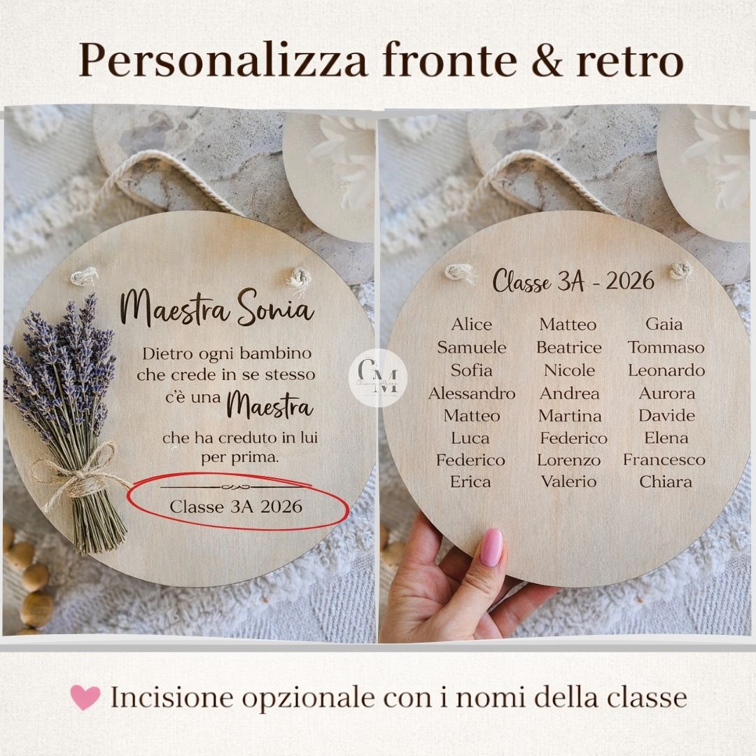 Regalo Maestra Personalizzato in Legno con Nome – Targa Fine Anno con Fiori di Lavanda Essiccati