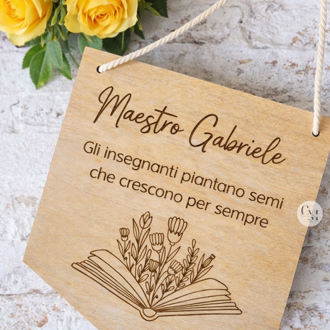 Targa Maestra/o Personalizzata in Legno con Nome, Cordino Bianco Incluso