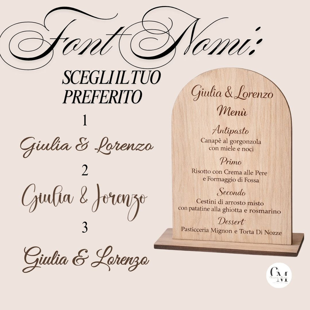 Menù Matrimonio in Legno Inciso con Base – Menù Elegante Personalizzato per Tavola